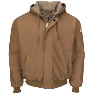 Men's Insulated Brown Duck Hooded Jacket with Knit Trim Thumbnail